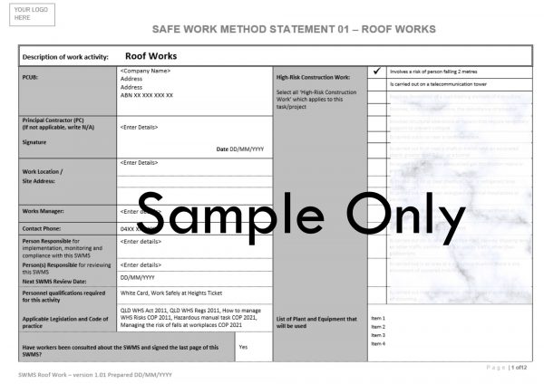 SWMS Roofing Works Sample