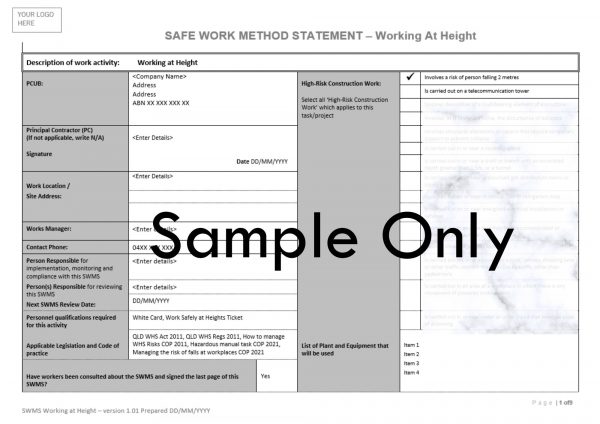 SWMS Working at Height Sample